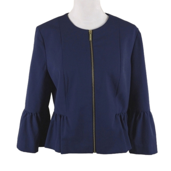 MICHAEL Michael Kors True Navy Round Neckline Full Zipper Front Peplum Jacket - Picture 1 of 12